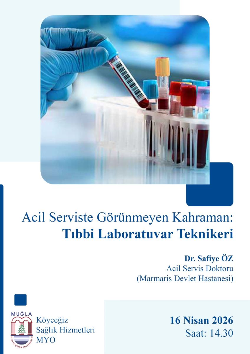 Üst bölümde, laboratuvar ortamında bir elin mavi renkli ince bir eldivenle bir tüp (blood sample veya kan tüpü) tuttuğu net gözüküyor. Tüpün üzerinde bar kod benzeri siyah-beyaz bir bant var. Arka planda birkaç farklı renkli tüp daha görüyor: kırmızı kapaklı tüpler ve mavi kapaklı tüpler, bazıları sıkıca yerleştirilmiş bir tüp rafında olabilir. Görselin genel tonu laboratuvarla ilgili, temizlik ve tıbbi testlerle ilişkilendiriliyor. Alt alanda, metin içeriklerine dair bir bölüm var: Başlık: “Acil Serviste Görünmeyen Kahraman: Tıbbi Laboratuvar Tekniği” (Türkçe). Yazar bilgisi: “Dr. Safiye ÖZ, Acil Servis Doktoru (Marmaris Devlet Hastanesi)”. Etiket/kurumsal logosu: Muğla Köyceğiz Sağlık Hizmetleri MYO ile ilişkilendirilmiş görünen bir logo ve adlandırmalar. Tarih ve saat bilgisi: “16 Nisan 2026, Saat: 14.30”. Betimlemenin amacı:  Görseli, engelli bir kullanıcıya tarama veya sesli betimleme yoluyla aktarabilmek. Görselin laboratuvar temasını ve içeriğini dikkat çekici, net bir şekilde aktarmak.